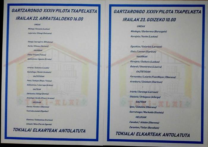 Gartzarongo pilota txapelketa, asteburu honetako partidak