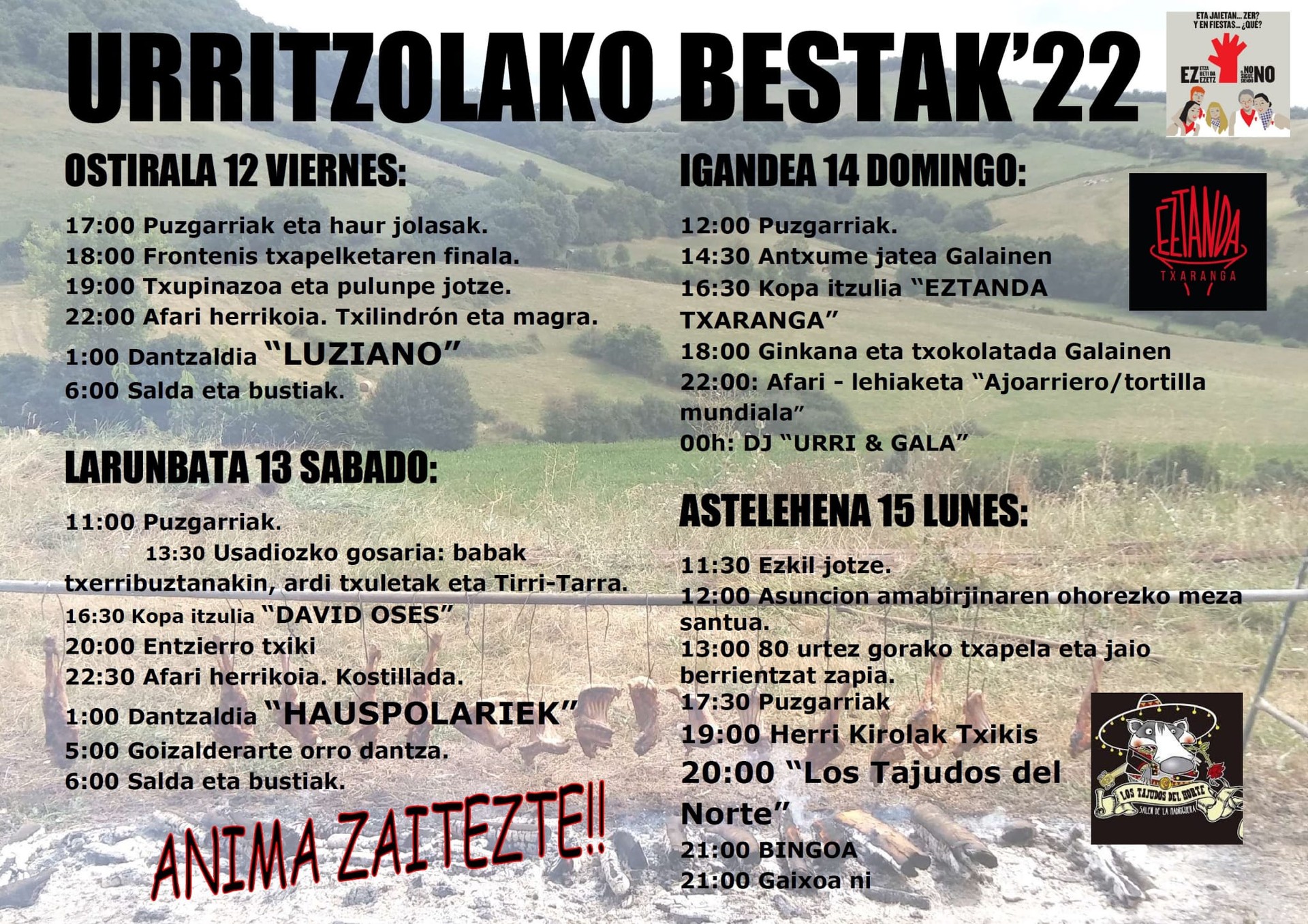 Urritzolako bestak izanen dira ostiraletik astelehenera