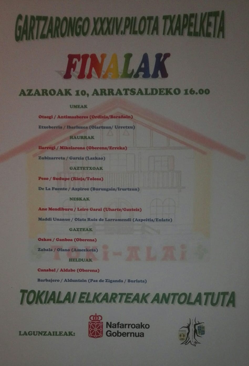 Gartzarongo XXXIV. pilota txapelketako finalak, asteburuan