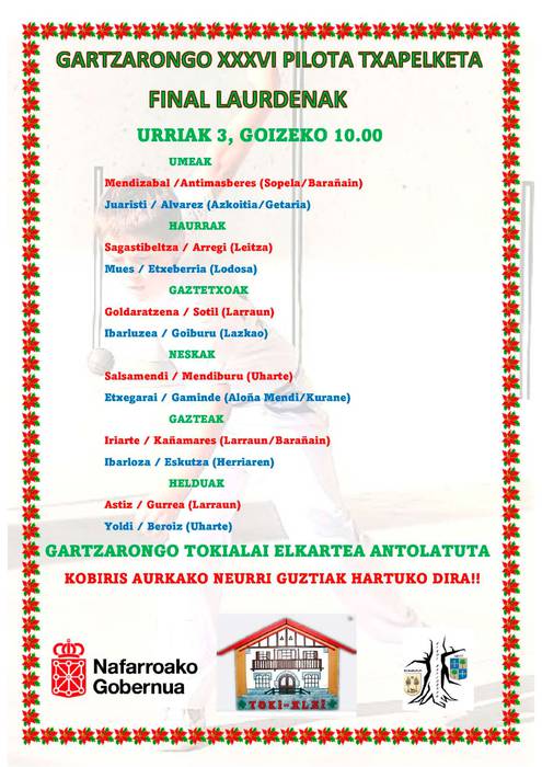 Gartzarongo pilota txapelketa: final laurdenak, igandekoak