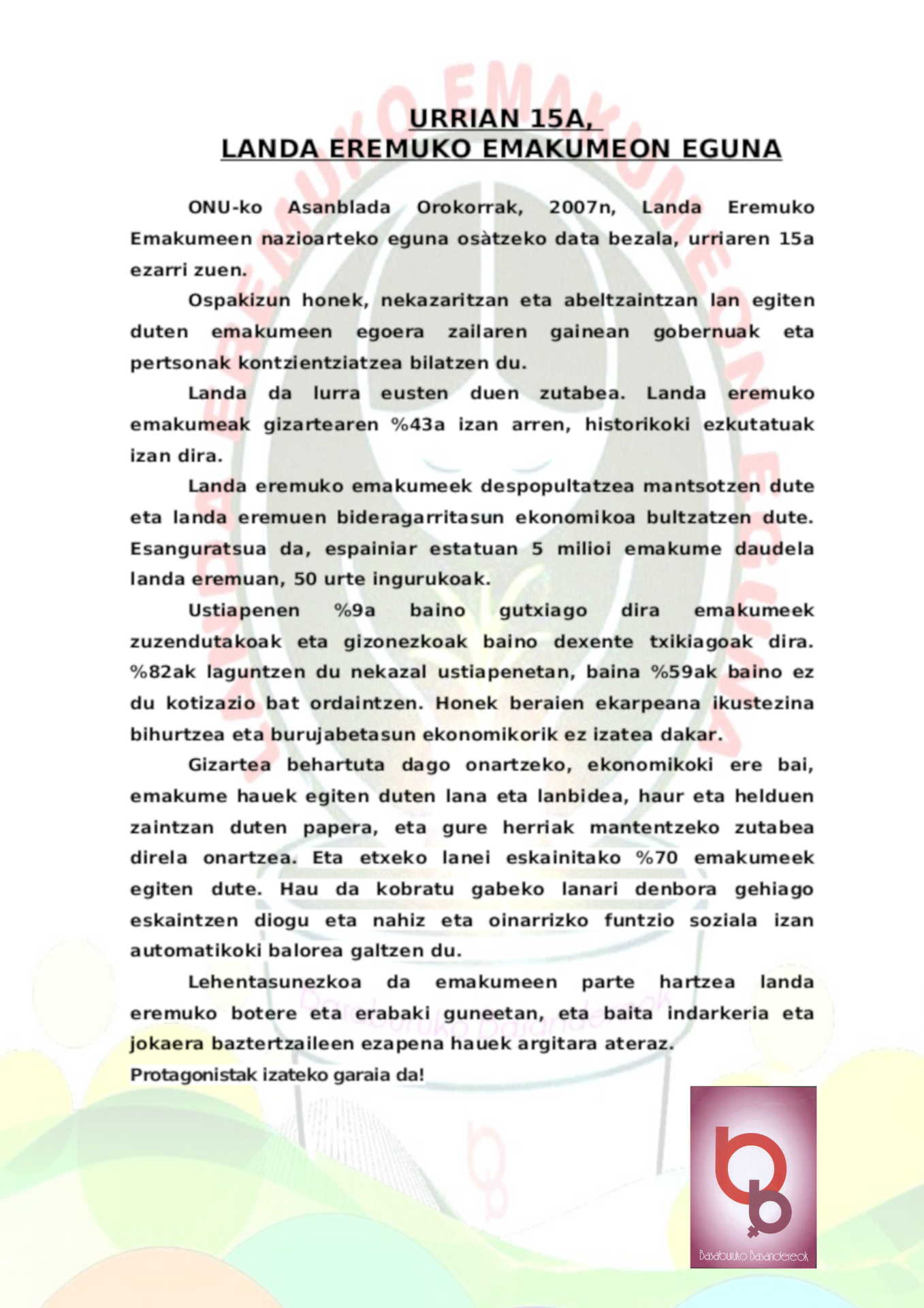 Landa eremuko emakumeen egunean, Basandereok-en adierazpena