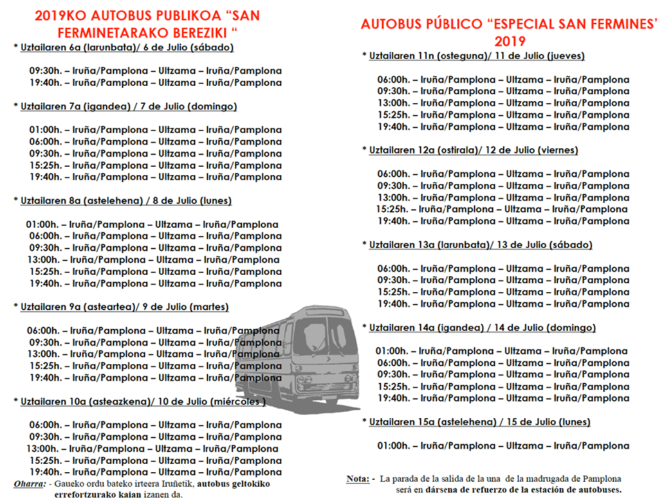 Iruñeko sanferminetarako autobus zerbitzu berezia jarriko dute Ultzamatik