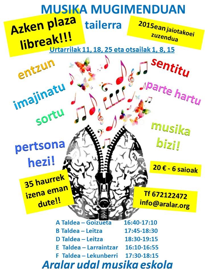 Aralar Musika Eskolako tailerrak urtarriletik aurrera
